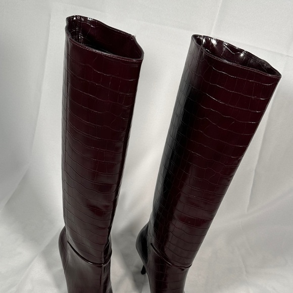 Zara Mock CRoc Knee High Heelde Boots Burgundy Leather Size 42/USA 11 - Picture 10 of 16